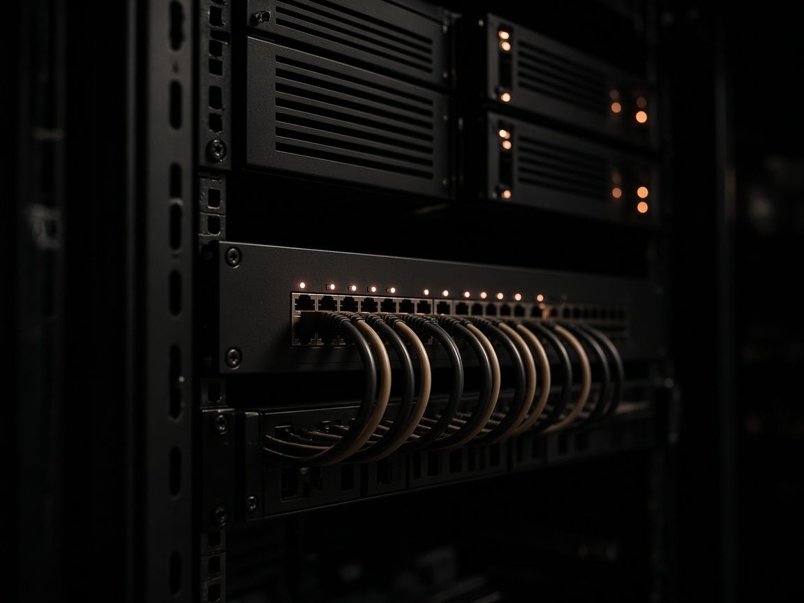 Server-Rack mit Switch und Patchkabeln im Halbdunkel